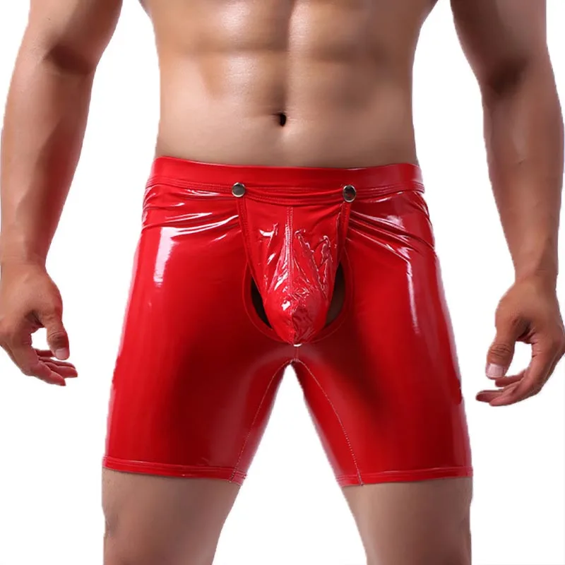 

Sexy Men Boxer Shorts Lingerie Button Open Crotch Panties Latex Shiny Clubwear PU Leather Long Boxershorts Gay Trunks Plus Size