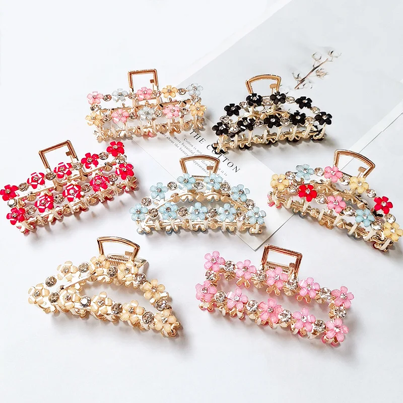 

New Fashion Metal Large Grip Clip Colored Flowers Rhinestone Hairpin Pan Hair Claw for Women Girl Hair Accessories Headdress