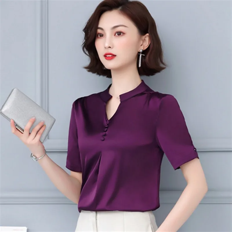 Женская шифоновая блузка с V-образным вырезом и коротким рукавом |