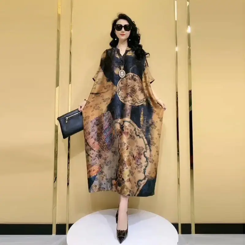 

Fashion Cape Print Party Long Plus Size Vintage Lace Casual Shirt Elegant Dress Women 2021 Summer Lady Loose And Slim Dresses