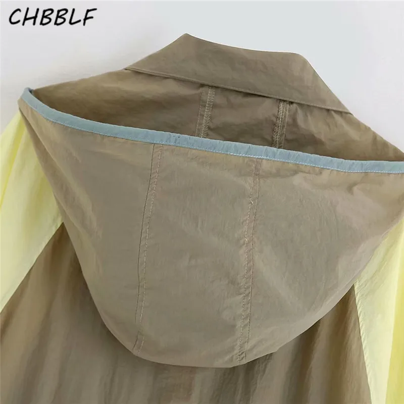 CHBBLF женская элегантная Лоскутная Свободная куртка с капюшоном завязкой на