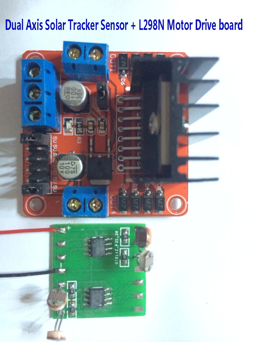 

Dual Axis Solar Tracker Sensor + L298N Motor Drive Board Automatic Tracking 12v