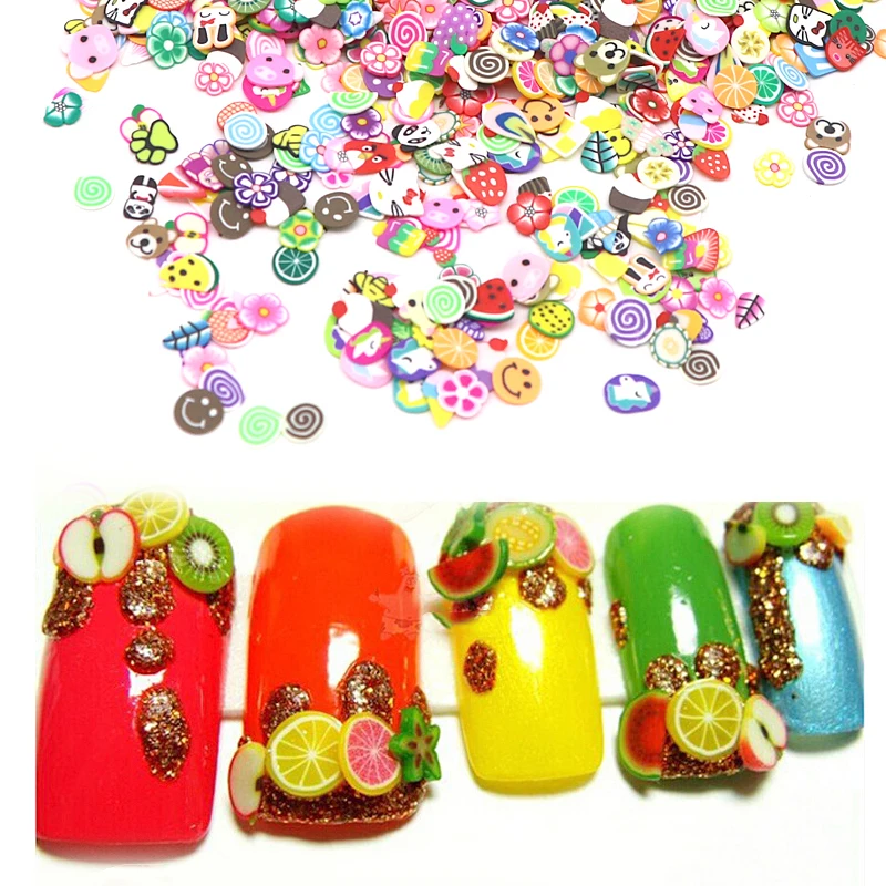 

30-5Packs Colorful Nail Art Supplies Cartoon Fruit Animals Slices Clay 3D Nail Art Decorations Polishing Manicure Accessories