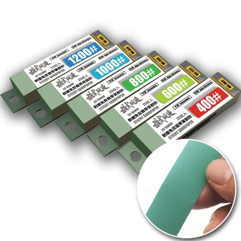 Model&Tool MS069 Wear-resisting Sandpaper with Back Glue,400#/600#/800#/1000#/1200# Sticky Sandpaper Set(25pcs,20x80mm)
