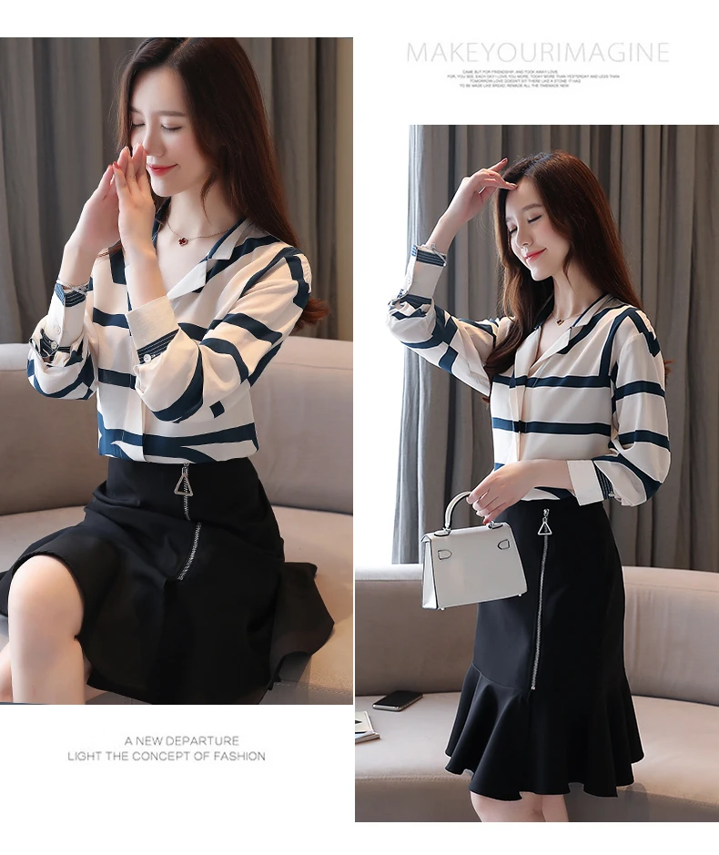 

Houthion Silk Women's Blouses Chiffon Fashion Striped Shirt Casual New Korean Long Sleeve Top Summer Blouse Full V-Neck