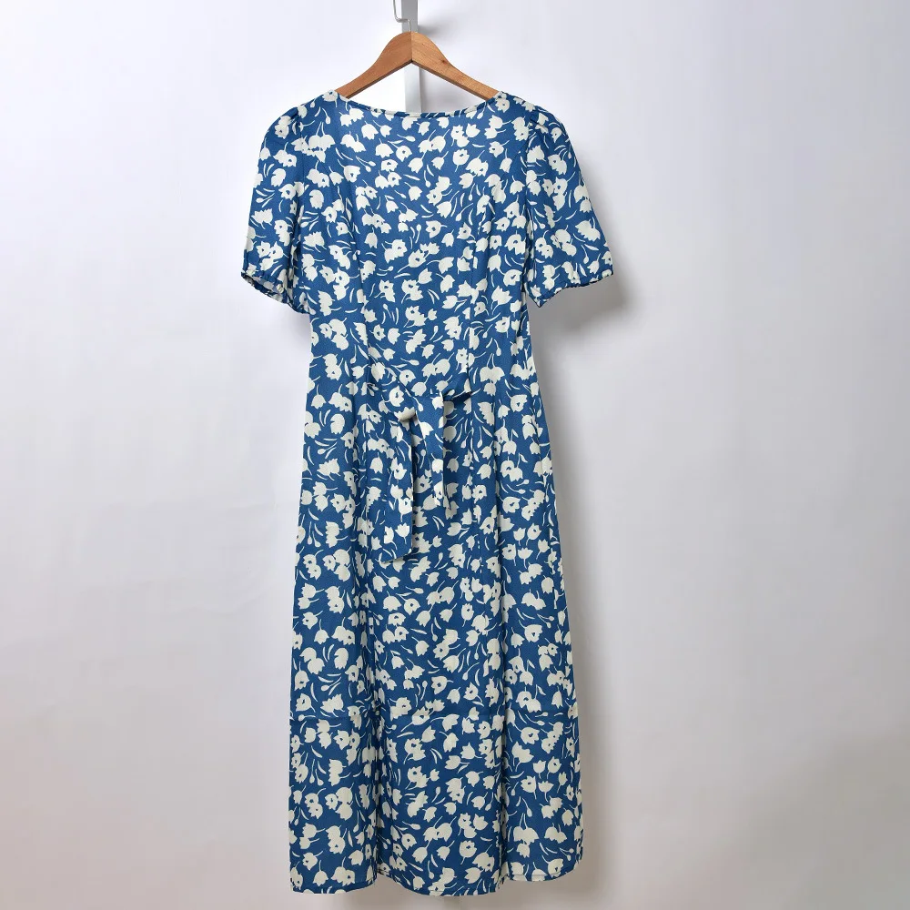 Принтом в стиле ретро для женщин средней длины тонкое платье с буффами на рукавах