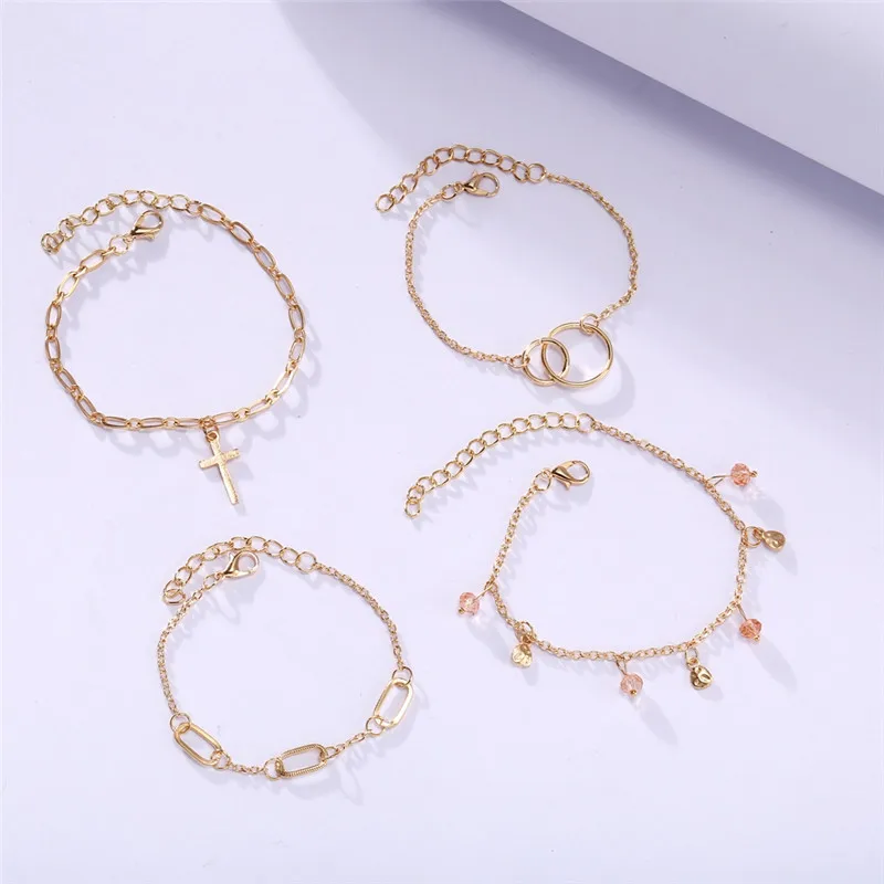 

4Pcs/Set Bohemian Style Gold Cross Chain Anklets for Women 2021 Vintage Multi-layer Butterfly Anklet Foot Beach Jewelry