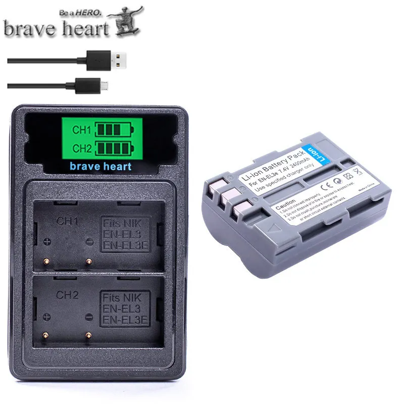 Высокое качество 2 шт. EN-EL3e EL3e 7,4 V 2400 мА/ч, Камера Батарея для Nikon ENEL3E RU EL3E D30 D50 D70 D90 D70S D300 Камера аксессуары - Цвет: charger and 1battery