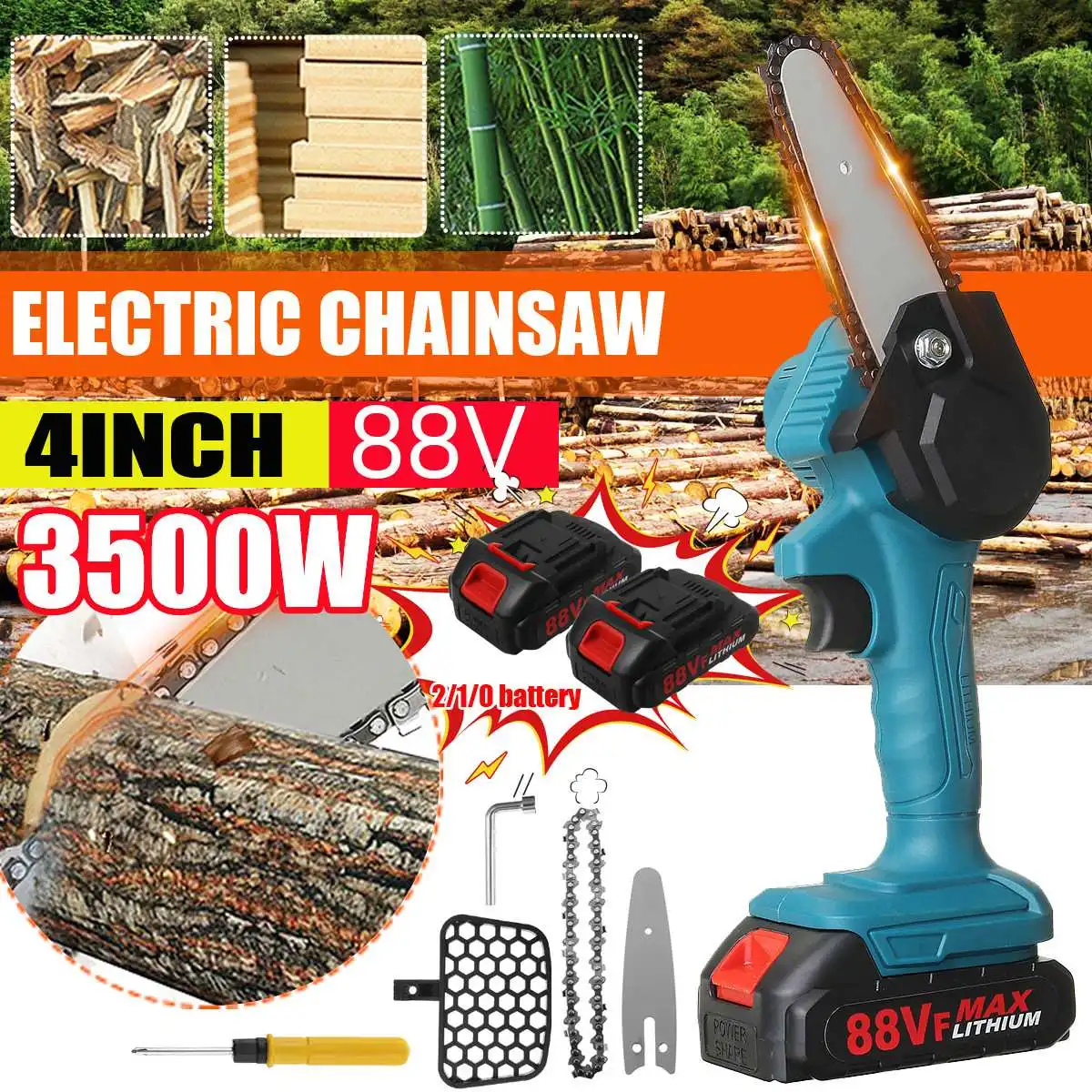 

3500W Electric Chain Saw 88V 4 Inch Pruning ChainSaw Cordless Garden Tree Logging Trimming Saw Woodworking Cutter Tool Kits
