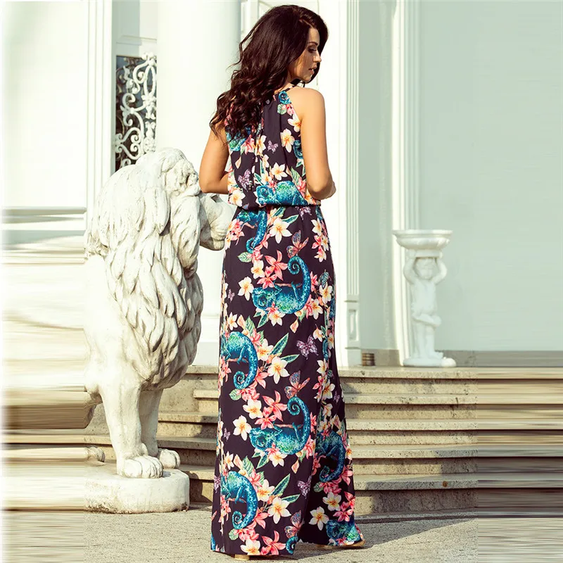 

Beach Style Women Print Maxi Dress 2020 Summer Spaghetti Straps O-neck Loose Dress Women