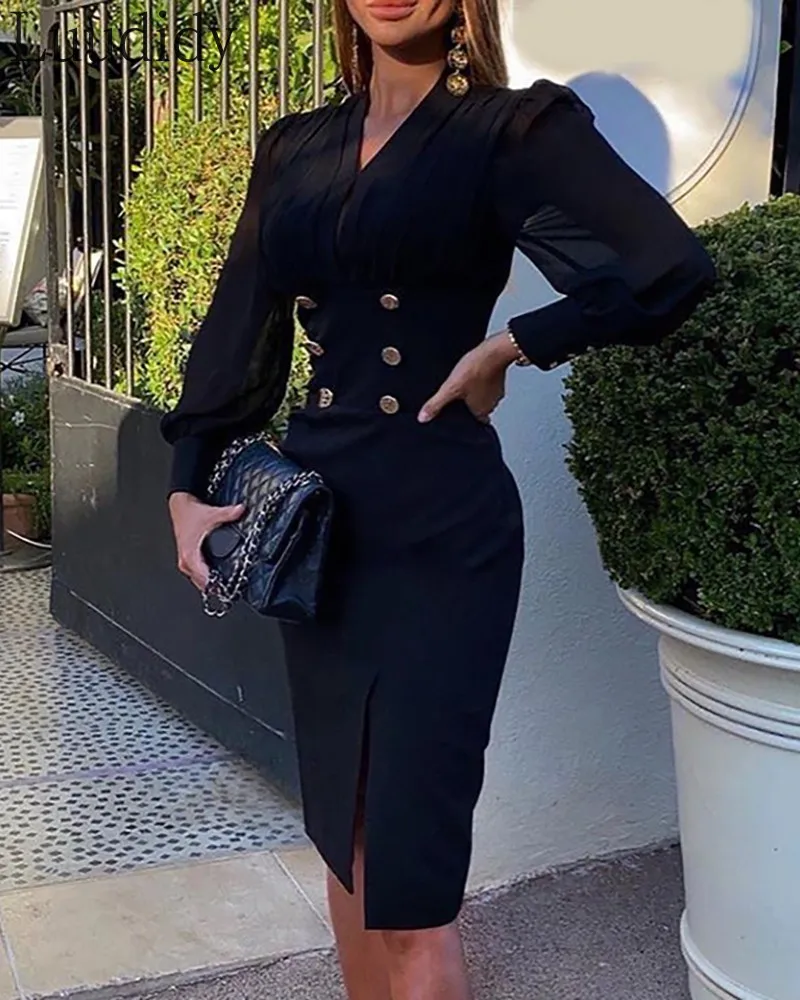 

Women Sexy Sheer Mesh Puffed Sleeve Button Design Slit Party Dress