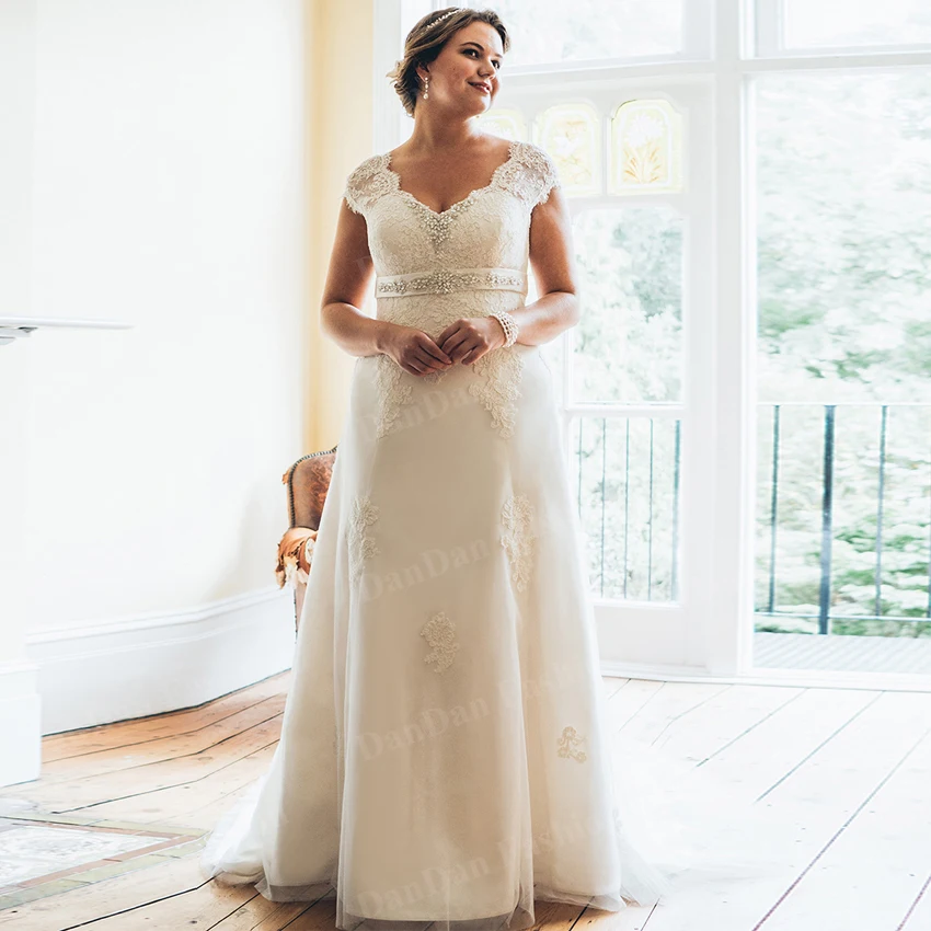 

Elegant V-neck Lace Wedding Dresses Plus Size Cap Sleeve Lace Beading Sashes A-line Wedding Dress Robe De Mariee