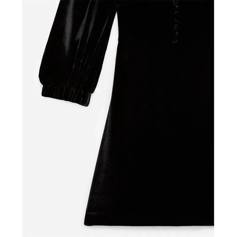 

Women Velvet Black Dress Long Puff Sleeve Square Collar Buttons Zipper Backless Elegant Dresses for Party