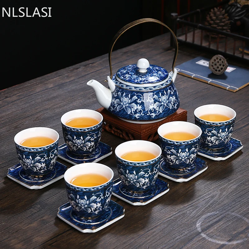 

Бутик сине-белый фарфоровый чайный сервиз китайская керамическая чайная посуда Gaiwan ручной работы чайник с сетчатым фильтром чайная чашка д...