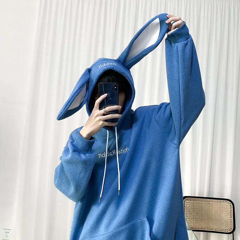 

PR 2021 Letter Print Bunny Sweatshirt Male Oversized Hoodies Streetwear Thicken Hooded Sweatshirts Casual Loose Hoodies