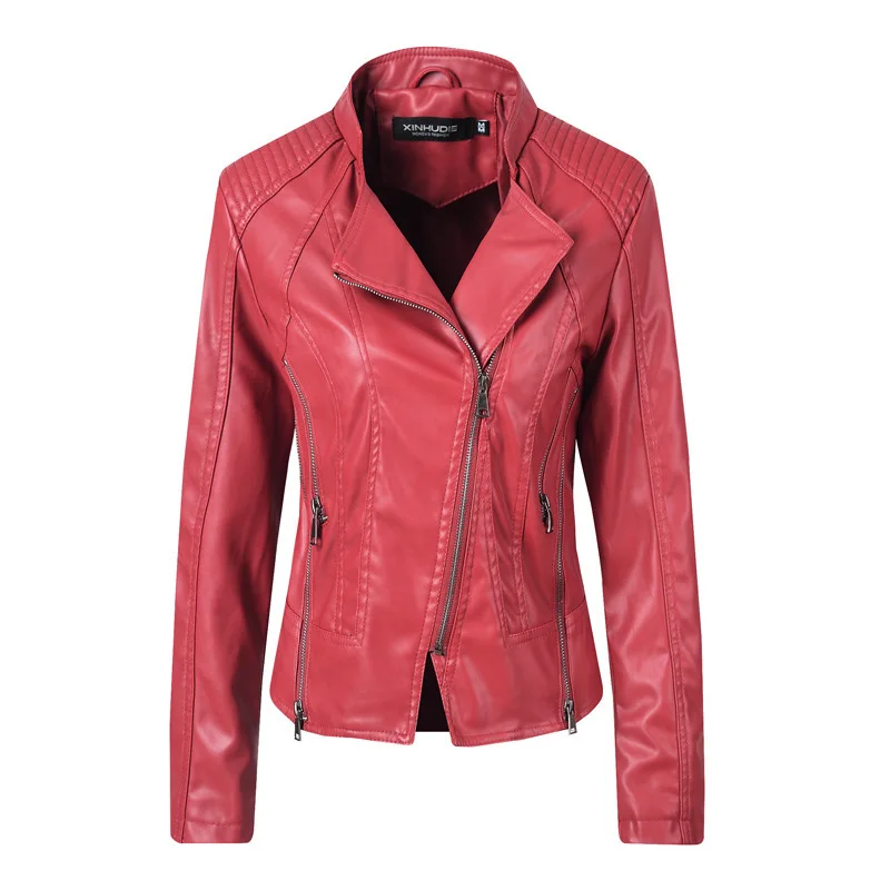 

Dropshipping Slim Ladies PU Leather Jacket Faux Soft Motorcycle Clothing Spring Autumn Women's Fashion Trend Leather Overcoat