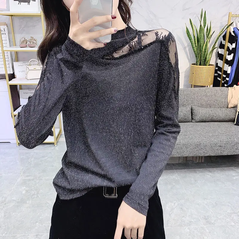 

2020 Autumn and Winter New Slim Lace Stitching Shoulder Bright Silk Bottoming Shirt Women's Long Sleeve Foreign Style Fashion
