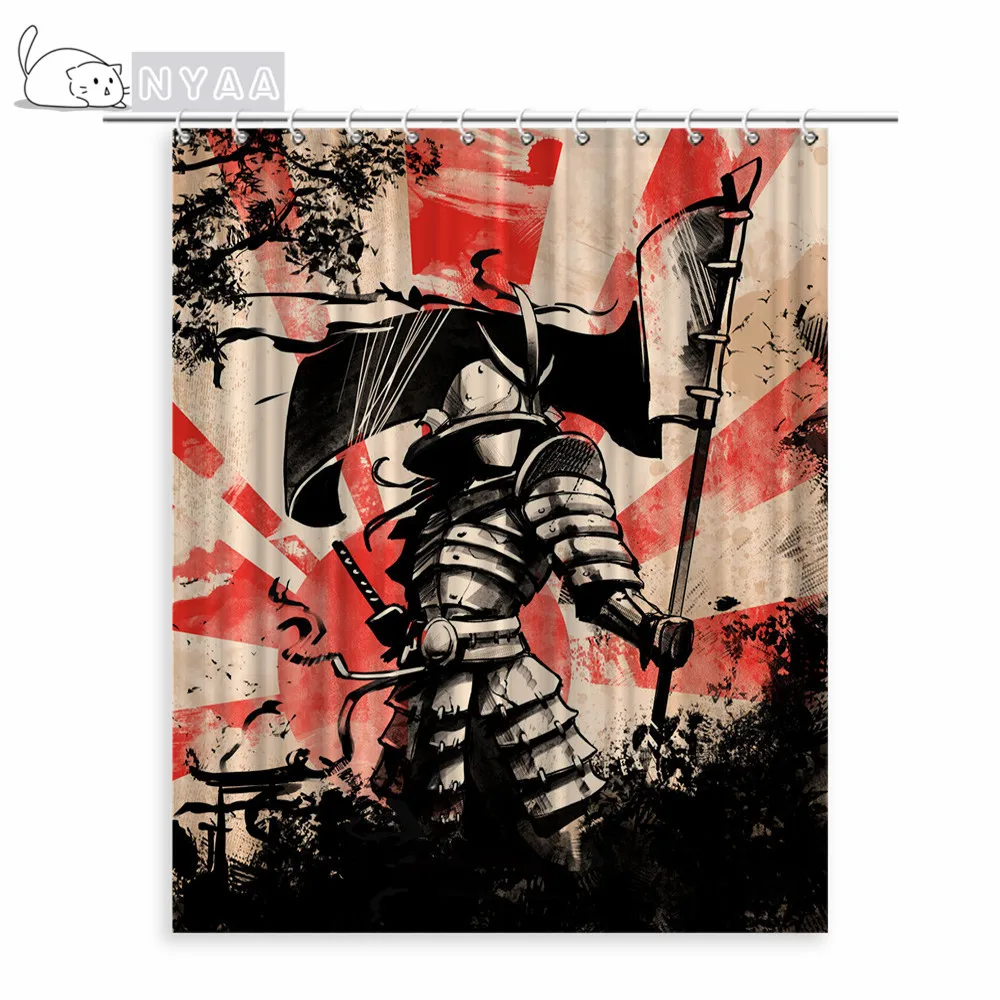 

Самурай на тренировке с мышцами и Катана японское солнце азиатская дисциплина занавеска для душа для ванной