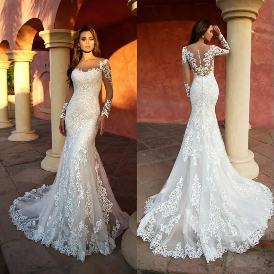

Lace applique Mermaid Wedding Dresses Scoop Bridal Gowns Princess Custom Made Long Sleeve White Wedding Gown Sexy Vintage