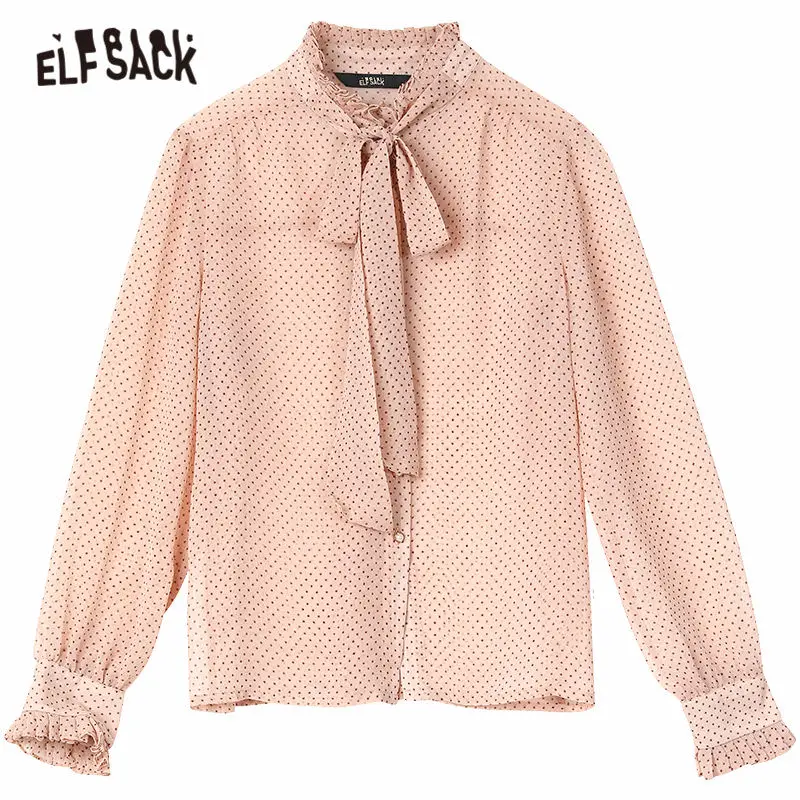 

ELFSACK Pink Polka Dot Bow Neckline Casual Chiffon Blouse Women 2020 ELF Summer Vintage Frill Sleeve Korean Girly Daily Tops