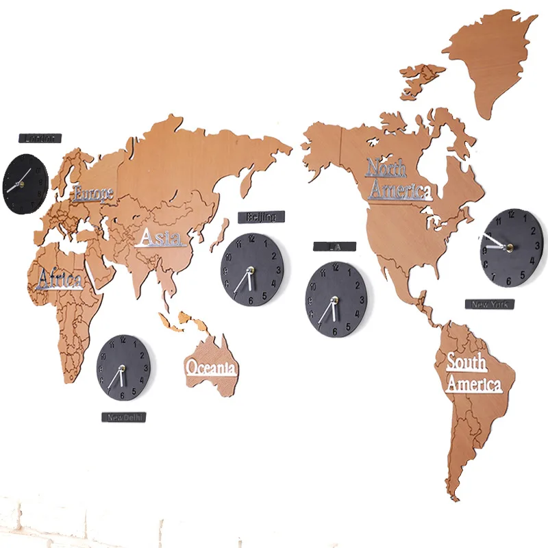 

Oversized Wood wall clock modern Home Decor 3D World map Wall clock Creativity Living room Hang decorations Digital wall clock