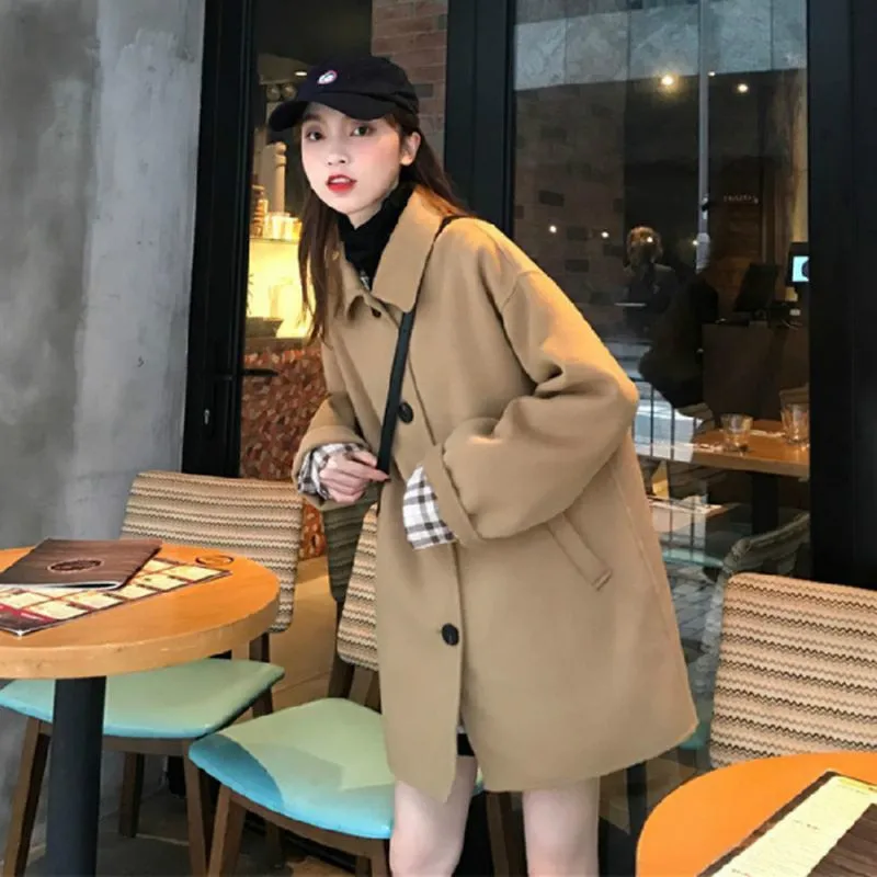 

2021 New Autumn And Winter Woolen Women's Korean Loose Medium Length Suit Collar Temperament Long Sleeve Windbreaker Coat
