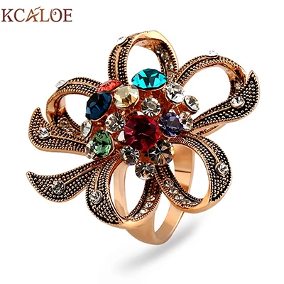 colorful KCALOE розовое золото цвет большие цветы Свадебные Кольца модные разноцветные Австрийские кристаллы стразы для женщин обручальное круглое кольцо - Цвет основного камня: colorful