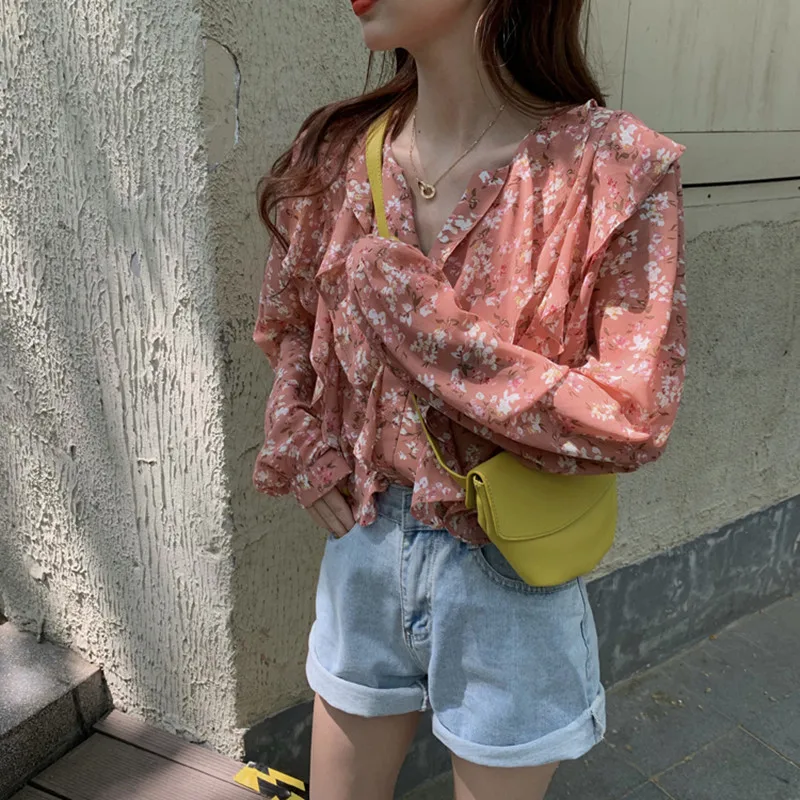 Hzirip Korean Version Spring Sweet Elegant Thin Lotus Leaf Loose Fashion Versatile Lazy Floral Chiffon Ladies Long Sleeve Shirt