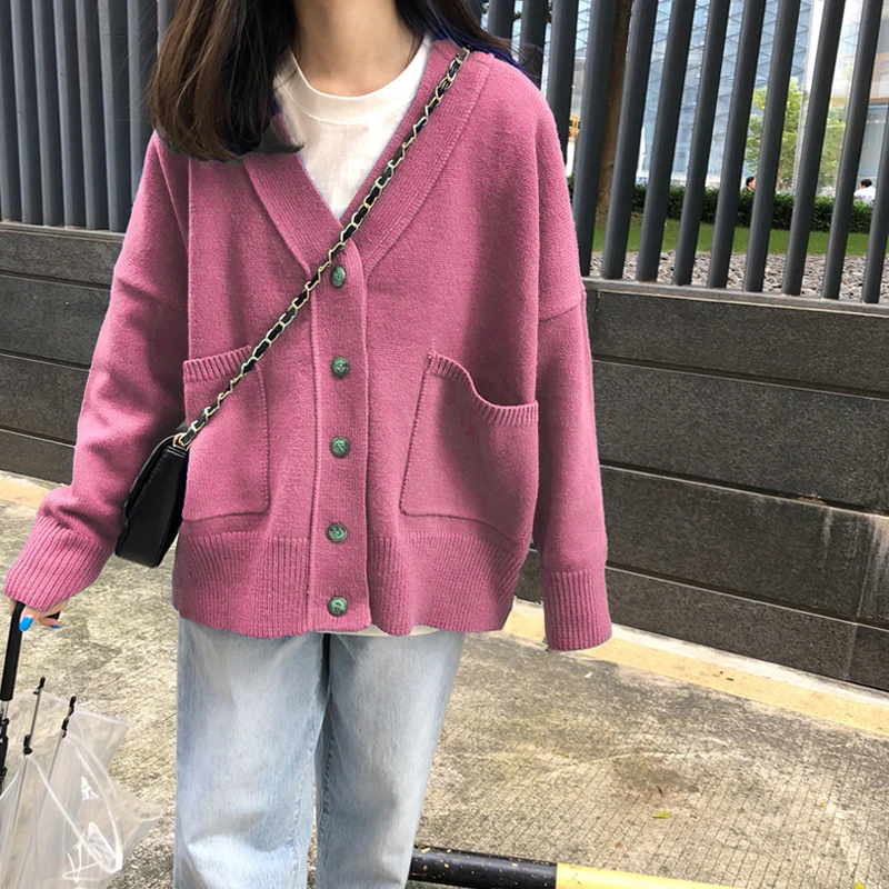 Women Cardigans Blue Sweater V neck Jacket Pocket Soft Coat Red Pink Green Solid Color Knitted Loose Designer Single Breasted |