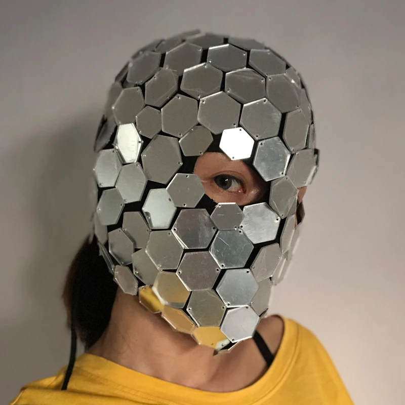 

Sparkly GoGo Dancer Costume Mirror Dress Mask Silver Headwear Cover Cool Reflective Mirror Accessories Silver Mirror Costume