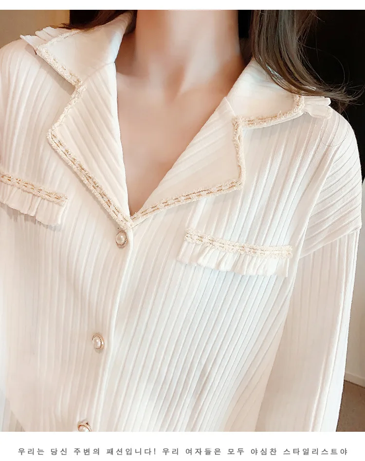 2021 Pajamas Women's Set Spring Autumn Long Sleeve Nightgown Cotton Pit Button Nightwear White Fashion Home Wear Sleepwear
