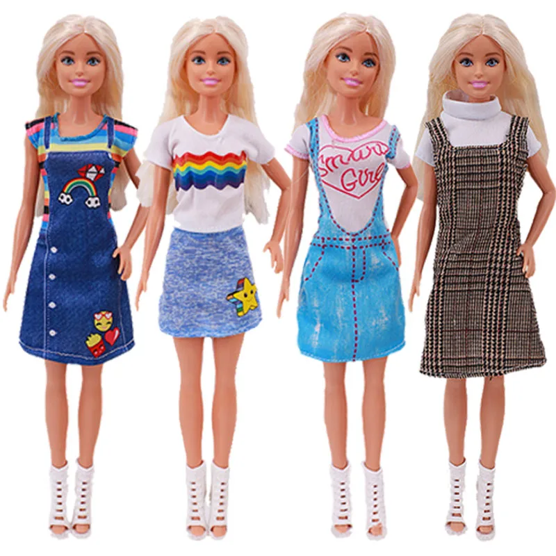 

Джинсовая юбка на бретелях, разноцветная Радужная футболка с единорогом для кукол-Барби размером 11 дюймов, 26-28 см, повседневная одежда, аксессуары для одежды, 1 комплект