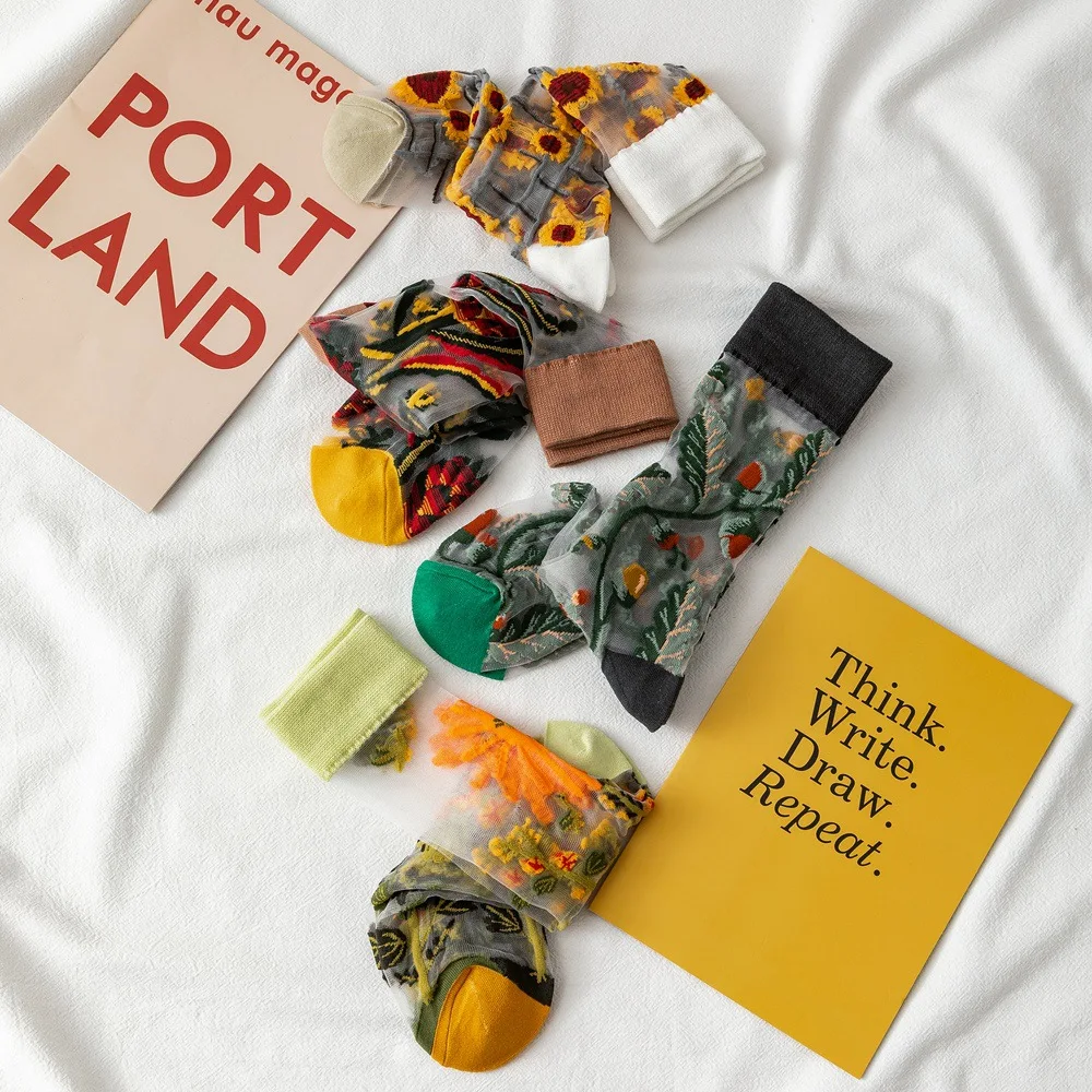 

Summer Transparent Crystal Silk Socks Women 4 Pairs Fashion Breathable Ladies Thin Floral Embroidery Short Socks Harajuku Sox