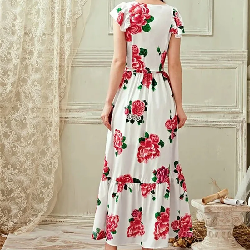 

2020 Summer Elegant Women Print Maxi Dress Fashion Casual Ruffles O-neck Dress for Ladies
