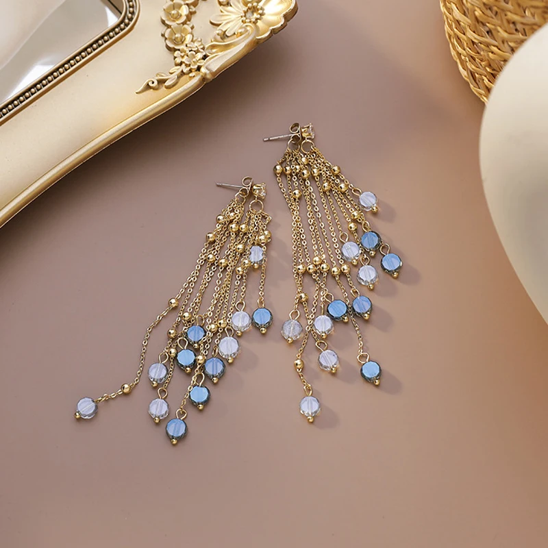 

2020 Gold color Crystal Tassel Earrings For Women Handmade New Fashion Jewelry Accessorie Female Beaded Chain Long Drop Earrings