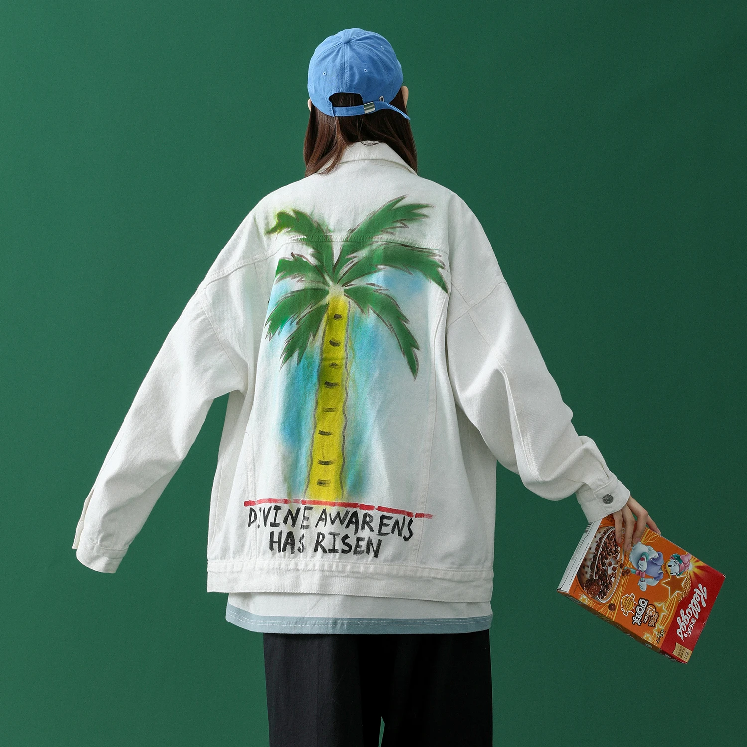 Женская джинсовая куртка с принтом кокосовой пальмы Повседневная Свободная