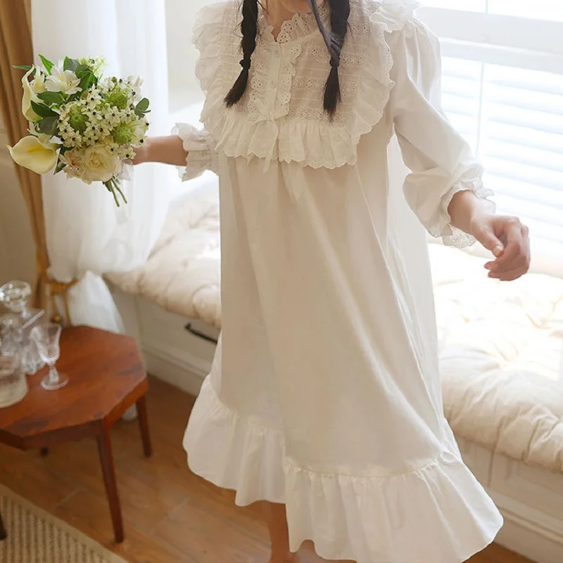 

Sweet White Cotton Emoidery Women's Nightgowns Autumn Spring Long Sleeve Loose Sleepwear Girl's Vintage Cute Nighty