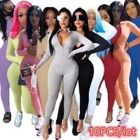 10pcs women sexy bodycon ribbed jumpsuit lucky label v neck overall rompers party activewear outfits bulk item in wholesale lots