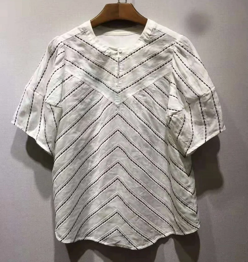 High Quality Linen Tops 2021 Autumn Women Striped Patterns Short Sleeve Casual White Black Tops Blouse Female Vintage Tops XL