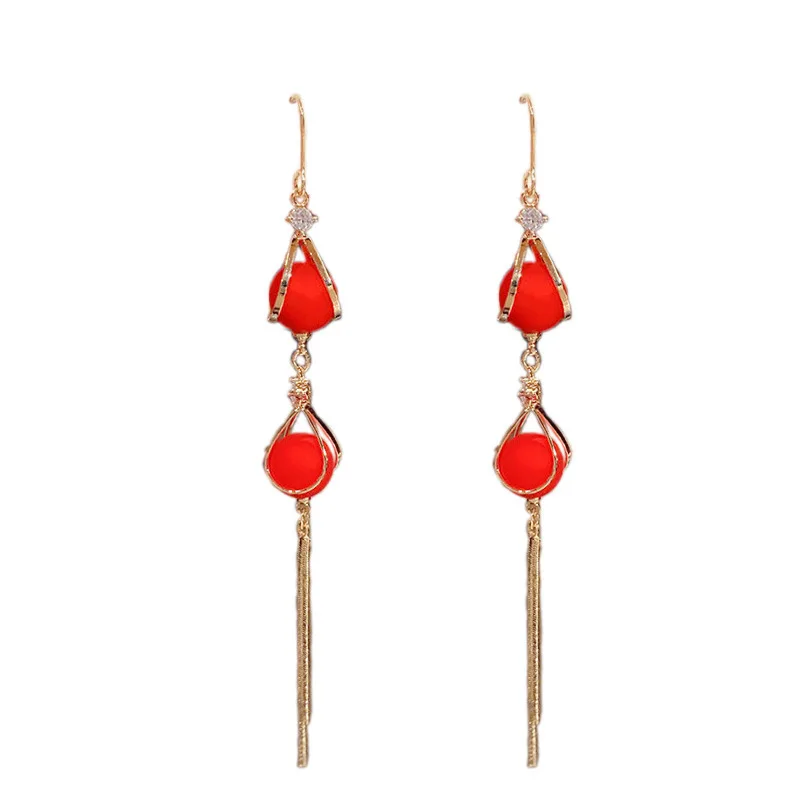 

Personalized girl earrings fashion long water drop tassel earrings fashion all-match temperament pearl red earrings