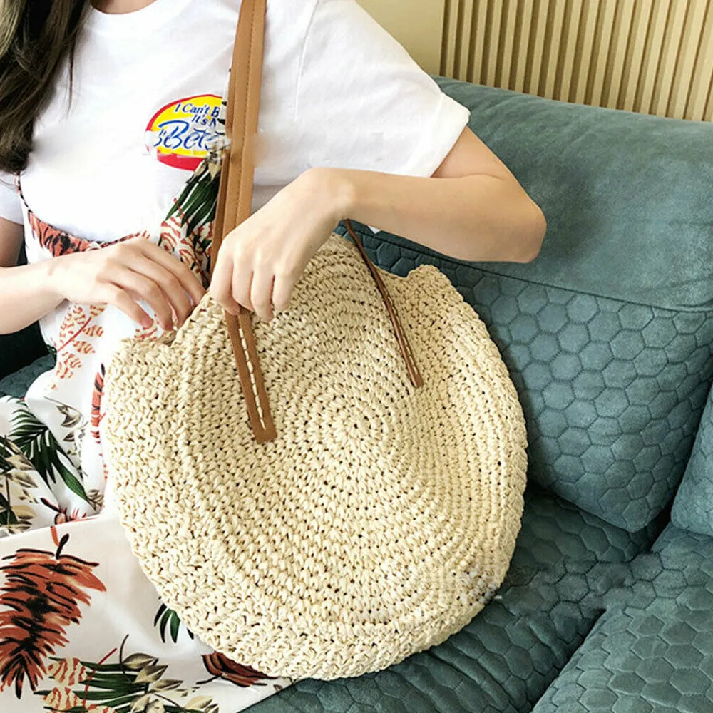 

Large Women Beach Bag Bohemian Summer Round Straw Woven Handbag Casual Tote Beach Vacation Vintage Shoulder Rattan Bag Handwoven