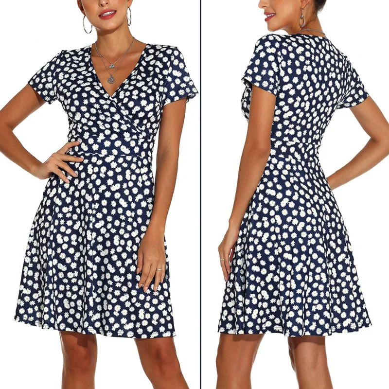 

Sexy V-Neck Floral Print Ruffled Short-Sleeved Summer Dress Dark Blue