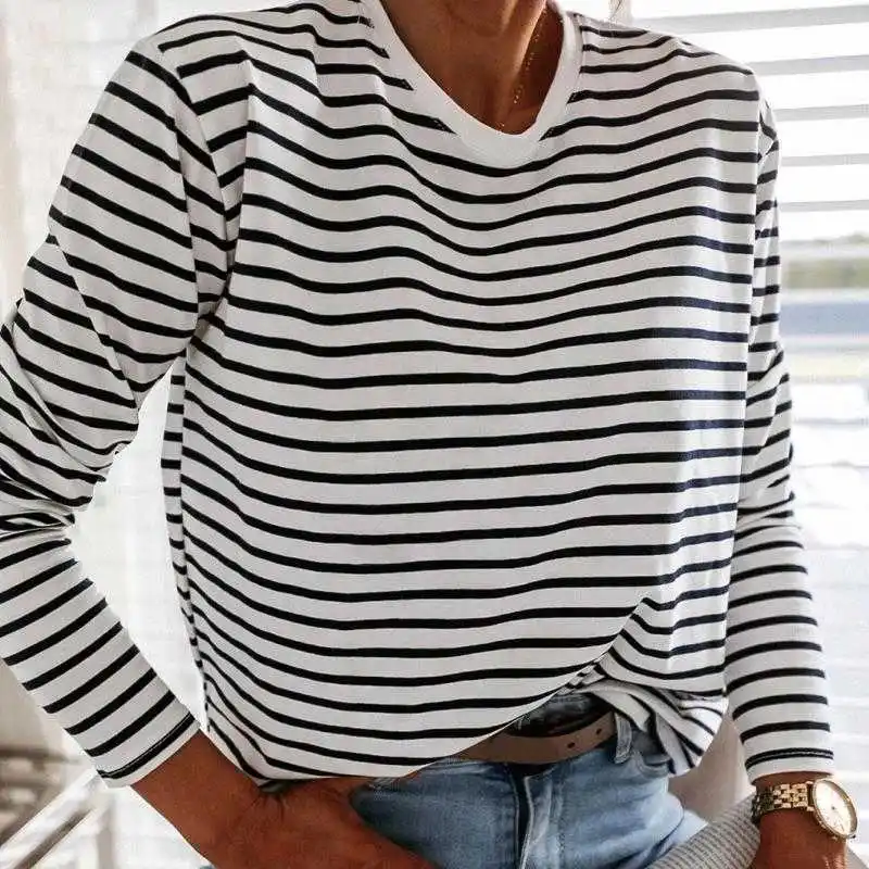

Women Fashion Black And White Striped Blouse Shirt Casual Long Sleeve O-neck Soft Korean Shirt Ladies Women T-Shirt Spring 2021