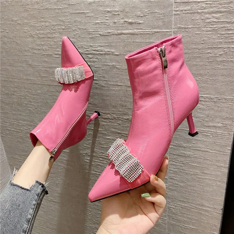 

FHANCHU 2021 Vogue Rhinestone HIgh Heels Short Boots Woman,Women's Slim Flock Shoes,Pointed toe,Ankle Botas,Black,Pink,Dropship