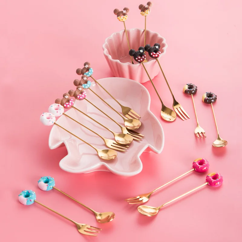 

8pcs Golden Mickey Dounts Spoon Stainless Steel Fork Coffee Dessert Tea Ice Cream Spoons Forks Stirring Cute Cartoon Teaspoon