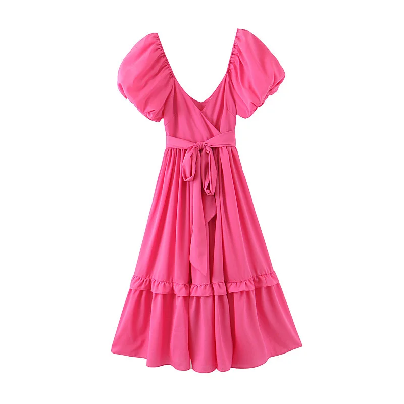 

YNZZU Elegant High Waist Wrap V Neck Women Maxi Dresses 2020 Summer Ruffles Puff Sleeve Female Long Party Dresses Vestido AD506