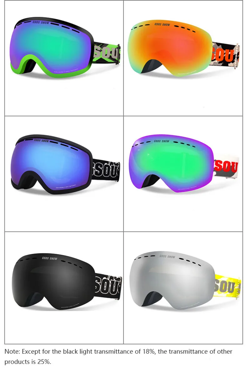 GSOU SNOW Ski Goggles Double Layers UV400 Anti-fog Big Ski Glasses Men Women Snowboarding Skiing Goggles With Packet