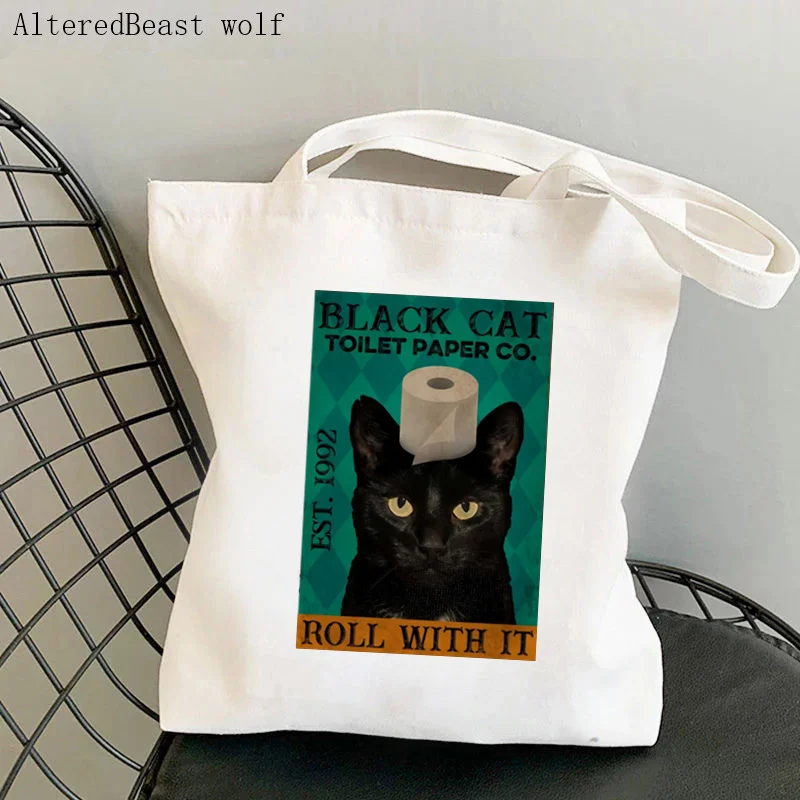 

Women Shopper bag Black Cat Toilet Paper Roll With It Bag Harajuku Shopping Canvas Shopper girl handbag Tote Shoulder Lady Bag