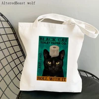 women shopper bag black cat toilet paper roll with it bag harajuku shopping canvas shopper girl handbag tote shoulder lady bag