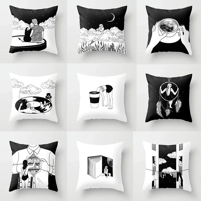 

Nordic Cartoon Comic Black and White Portrait Super Soft Pillow Cover Living Room Sofa Cushion Cover Bedding Seat Pillowcase